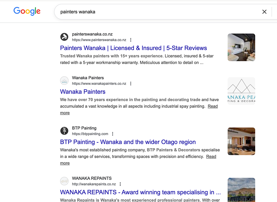 Google search results showing Lakeside Painting ranking #1 for painters in Wanaka